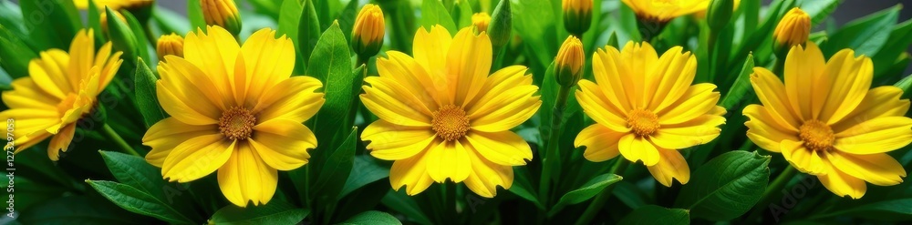 Dense bouquet of bright yellow flowers among emerald green leaves, foliage, arrangement Dense bouquet of bright yellow flowers among emerald green leaves, foliage, arrangement