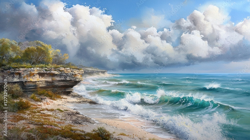 A Majestic Watercolor Painting of a Serene Beach Scene with a Towering Cliff and Gentle Waves Under a Bright Sky A Majestic Watercolor Painting of a Serene Beach Scene with a Towering Cliff and Gentle Waves Under a Bright Sky