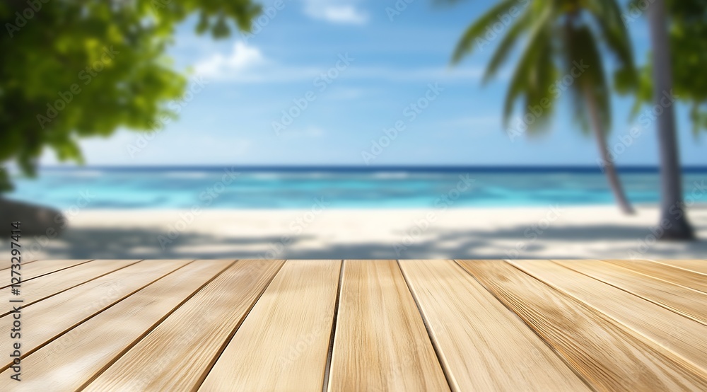 Fototapeta premium Wooden table with a blurred tropical beach and palm trees in the background : Generative AI