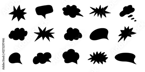 Comic boom elements, and speech bubbles in black silhouettes. Ideal for comic designs, pop art, and retro style illustrations. Comic burst explosion hand drawn vector