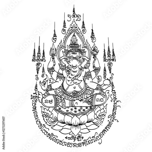 Thai traditional Tattoo, Ganesha. The meaning of Thai texts: success and destroyer of evils and obstacles