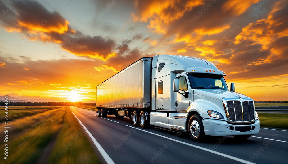 A modern white semi-truck with a trailer drives on a USA road during a dramatic sunset.
A modern white semi-truck with a trailer drives on a USA road during a dramatic sunset.