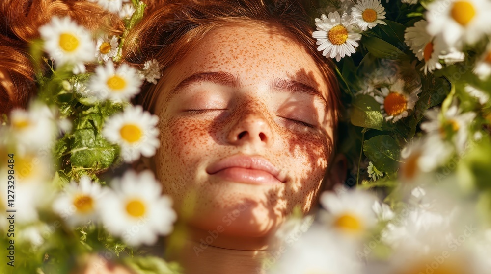 A dreamy portrait of a young woman nestled in a bed of daisies, her serene expression and closed eyes radiate tranquility and a deep connection with nature's beauty. A dreamy portrait of a young woman nestled in a bed of daisies, her serene expression and closed eyes radiate tranquility and a deep connection with nature's beauty.