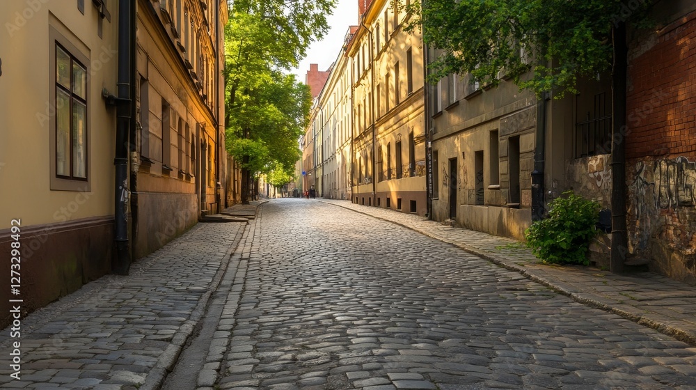 Obraz premium Serene cobblestone street lined with historic buildings and lush greenery during golden hour
