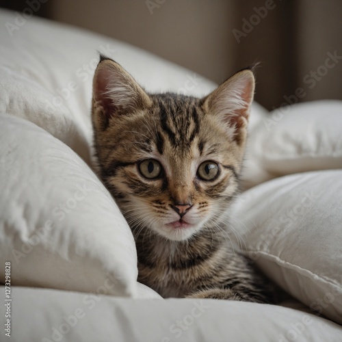 A tiny tabby kitten with a mischievous look, peeking over a soft white pillow.