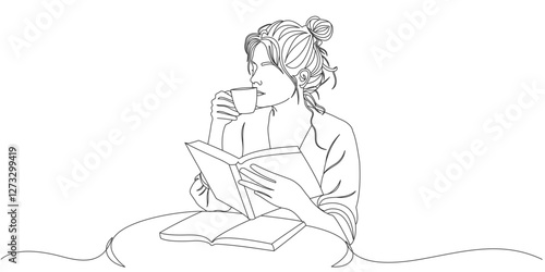 vector design of woman line drinking coffee and reading book