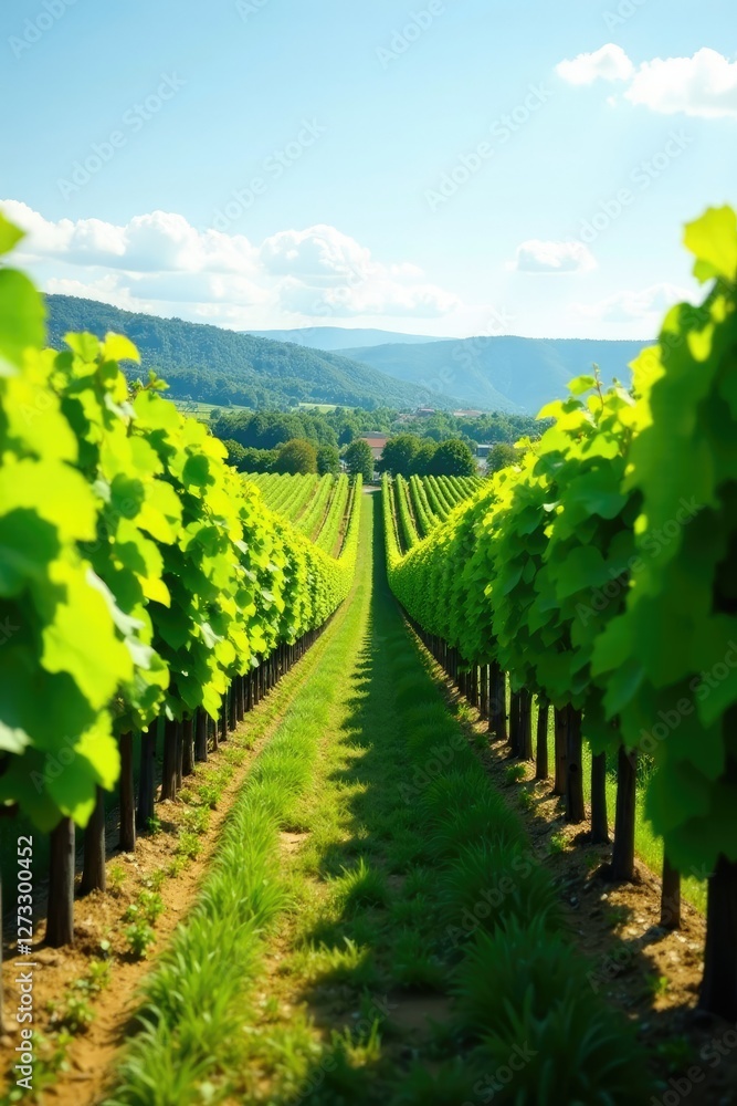 Naklejka premium Rows of lush green grapevines stretching into the horizon, agriculture, landscape