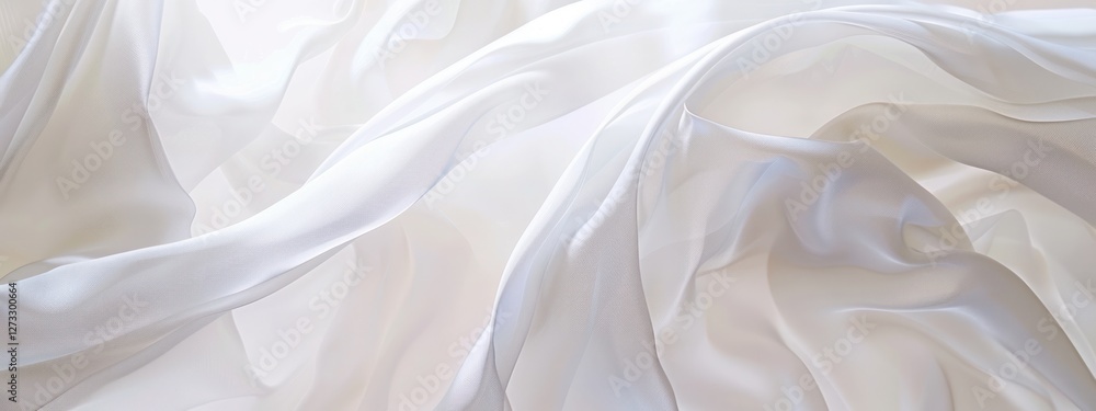 Obraz premium White glossy smooth curtain fabric clothes wave curve ripple flowing canvas abstract elegance silk glowing lighting luxury material horizontal.
