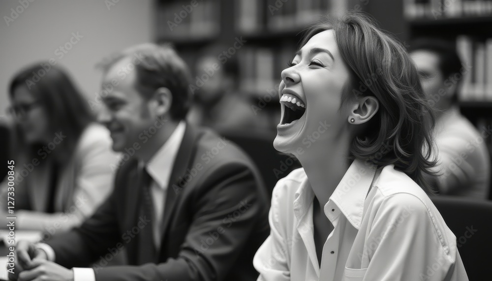 Candid black and white shot of people enjoying a lively discussion in a library setting