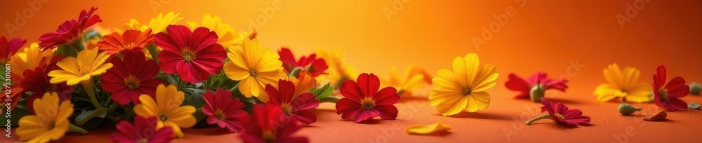 Red and yellow petals of nemesia flowers scattered on a soft orange ground, red, garden, blooming Red and yellow petals of nemesia flowers scattered on a soft orange ground, red, garden, blooming