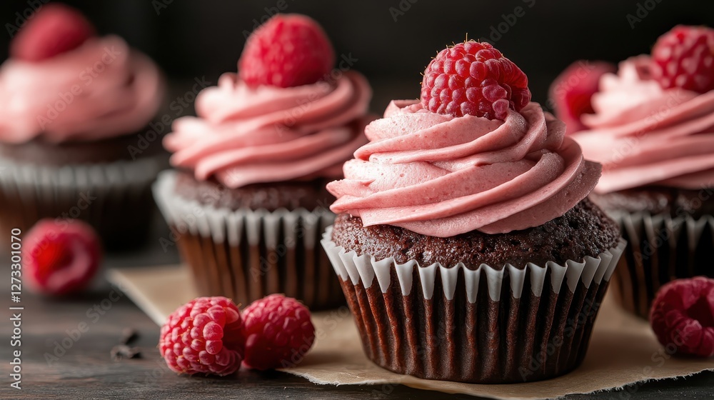 This image showcases three tempting chocolate cupcakes adorned with pink swirled frosting and garnished with fresh raspberries for a delightful treat. This image showcases three tempting chocolate cupcakes adorned with pink swirled frosting and garnished with fresh raspberries for a delightful treat.