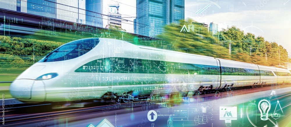 Modern Train Speeding in the City, Tech Overlay Modern Train Speeding in the City, Tech Overlay