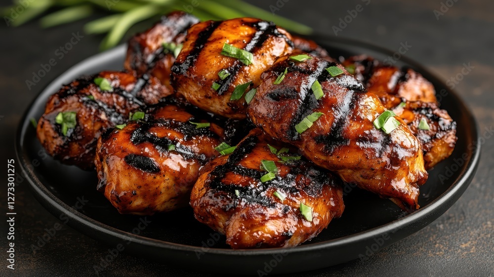 A plate of perfectly grilled chicken with a charred finish, garnished with fresh herbs, offering a delicious and savory dish perfect for any meal or occasion. A plate of perfectly grilled chicken with a charred finish, garnished with fresh herbs, offering a delicious and savory dish perfect for any meal or occasion.