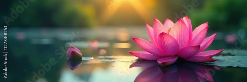 Radiant full bloom lotus on a serene lake surface, harmony, lotus flower, landscape