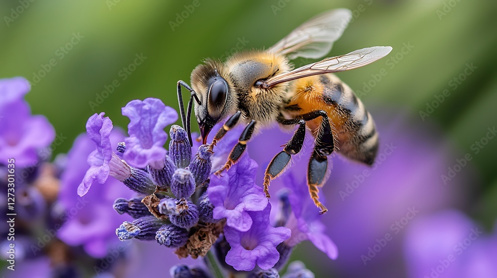 Bee collecting pollen from lavender in a garden background for use in agriculture Bee collecting pollen from lavender in a garden background for use in agriculture