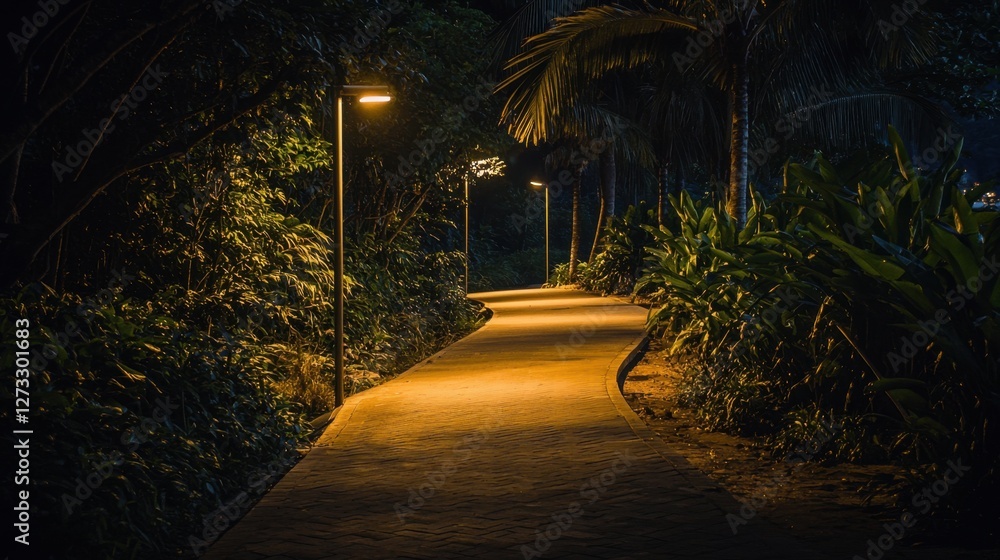 Obraz premium A peaceful pedestrian path at night, lined with stylish lampposts and lush greenery.