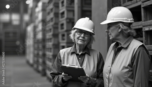 Two women discussing work tasks in a warehouse, with safety helmets on, in a black and white documentary style setting photo