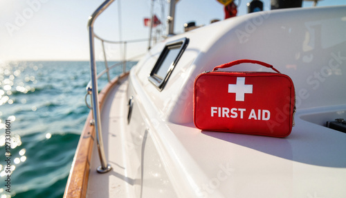 First aid kit on yacht deck in bright sunlight, marine safety theme