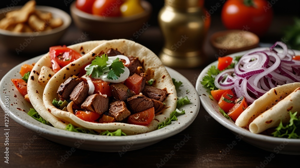 Create a nostalgic, cinematic photo of a shawarma: warm pita, juicy meat, vibrant toppings, golden lighting, shallow depth of field, showcasing Middle Eastern flavors. Create a nostalgic, cinematic photo of a shawarma: warm pita, juicy meat, vibrant toppings, golden lighting, shallow depth of field, showcasing Middle Eastern flavors.