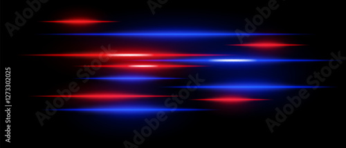 Light streaks set. Red and blue glowing speed lines on a black background. Futuristic neon motion blur effect, digital energy beams, sci-fi cyber speed, and high-tech acceleration concept.