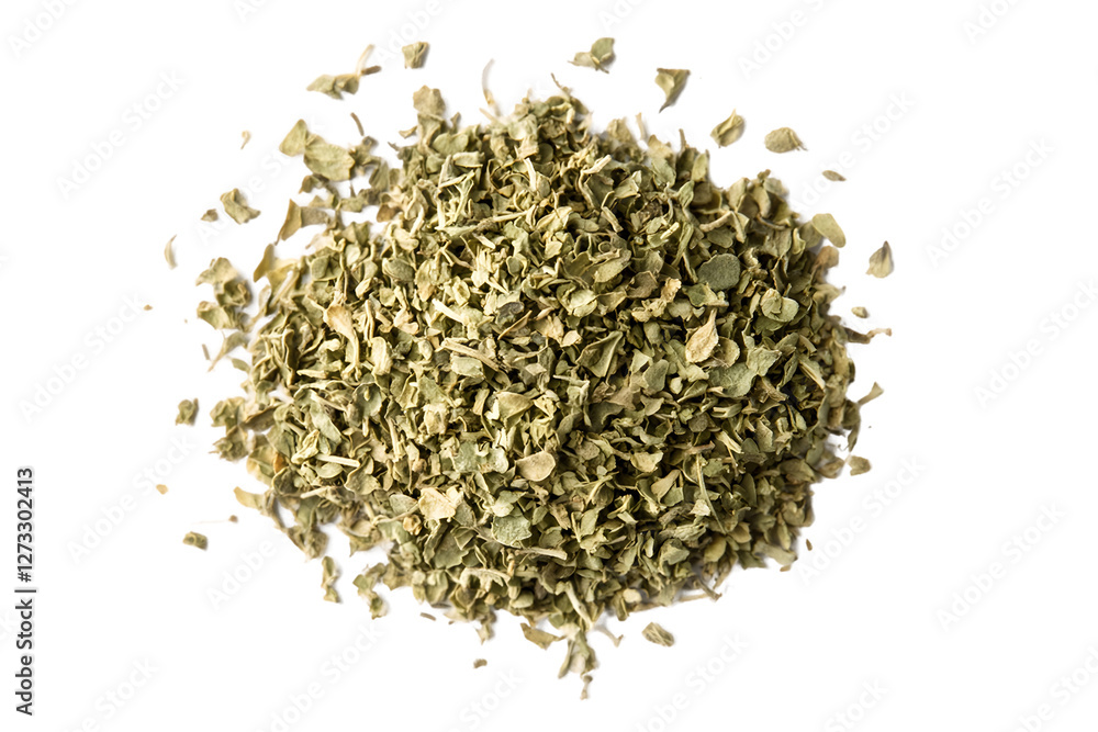 Dried herbs, light green and beige, scattered on a transparent background. The herbs are finely chopped and form a circular pile Dried herbs, light green and beige, scattered on a transparent background. The herbs are finely chopped and form a circular pile