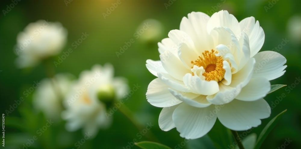 Large white peony flowers blooming in a garden, bloom, greenery Large white peony flowers blooming in a garden, bloom, greenery