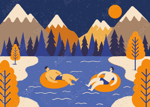 Illustration of a couple enjoying their vacation floating on a lake. In the great nature. Cute touch.