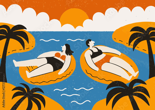 Illustration of a couple enjoying their vacation floating on a lake. In the great nature. Cute touch.