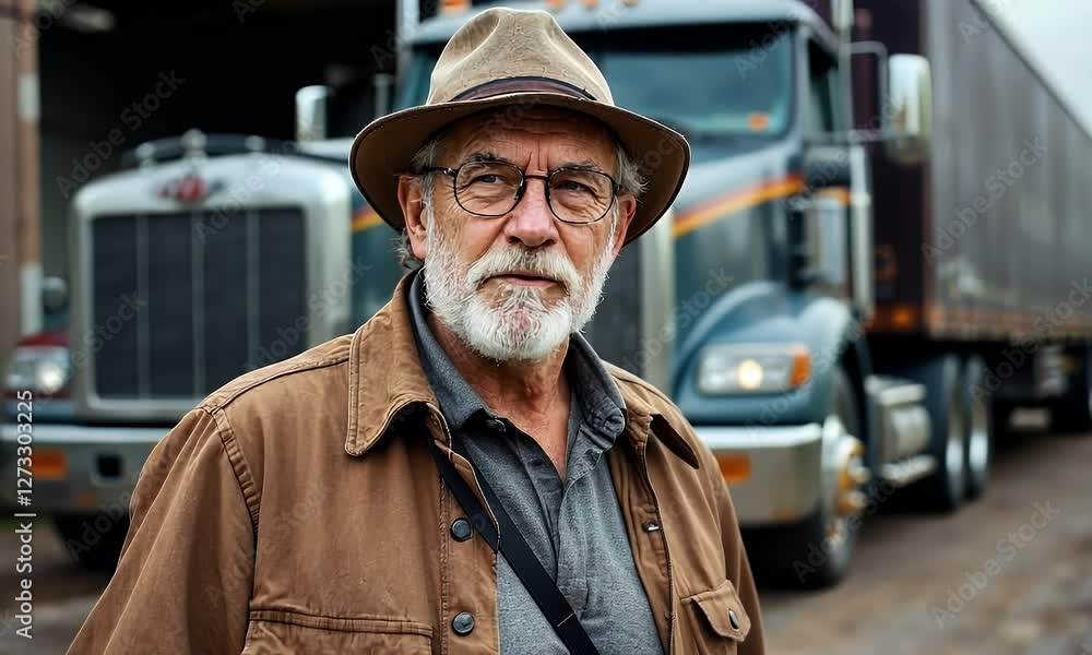 Middle Aged Trucker in Front of Truck Trailer with Cars Middle Aged Trucker in Front of Truck Trailer with Cars