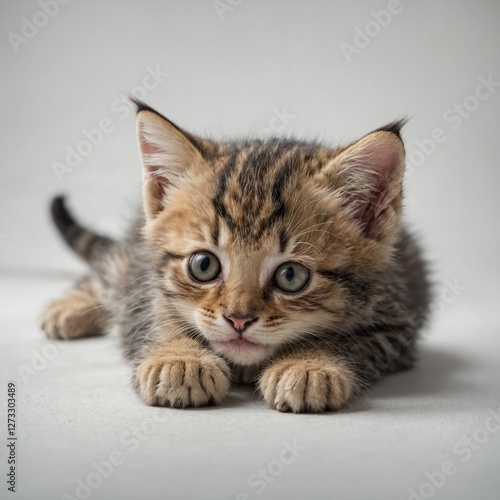 A playful kitten lying on its stomach with its paws outstretched, ready to pounce, on white.
