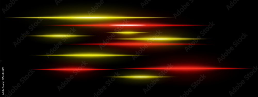 Light streaks set. Yellow and red glowing speed lines on a black background. Futuristic motion blur effect, digital neon trails, sci-fi energy beams, and high-speed dynamic concept. Light streaks set. Yellow and red glowing speed lines on a black background. Futuristic motion blur effect, digital neon trails, sci-fi energy beams, and high-speed dynamic concept.