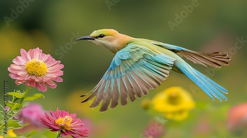 Bee-eater bird flying near flowers in a garden on sunny day, wildlife or nature stock photo