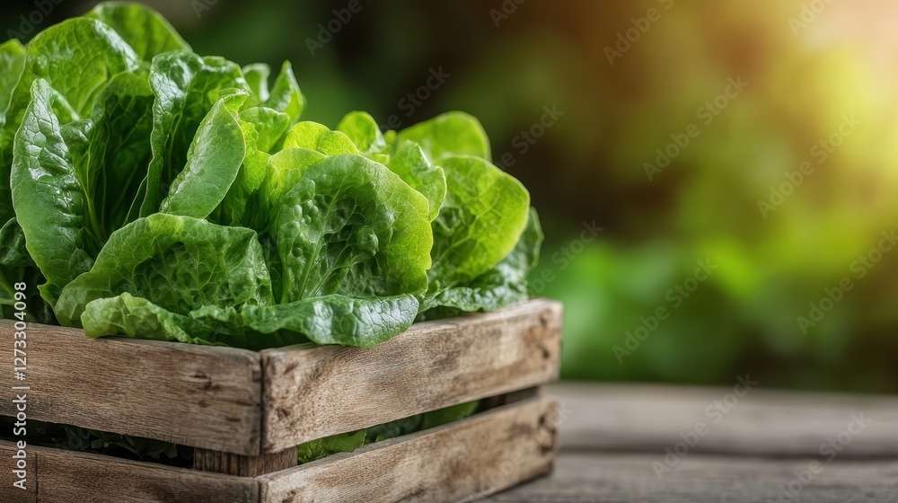 Vivid green lettuce placed neatly in a rustic wooden crate, capturing the essence of freshness and organic farming in a serene, natural environment. Vivid green lettuce placed neatly in a rustic wooden crate, capturing the essence of freshness and organic farming in a serene, natural environment.