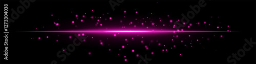 Pink energy flare with glowing particles bright horizontal beam on a dark background. The scattered light dots futuristic, high-tech effect, sci-fi, digital visuals, abstract light compositions