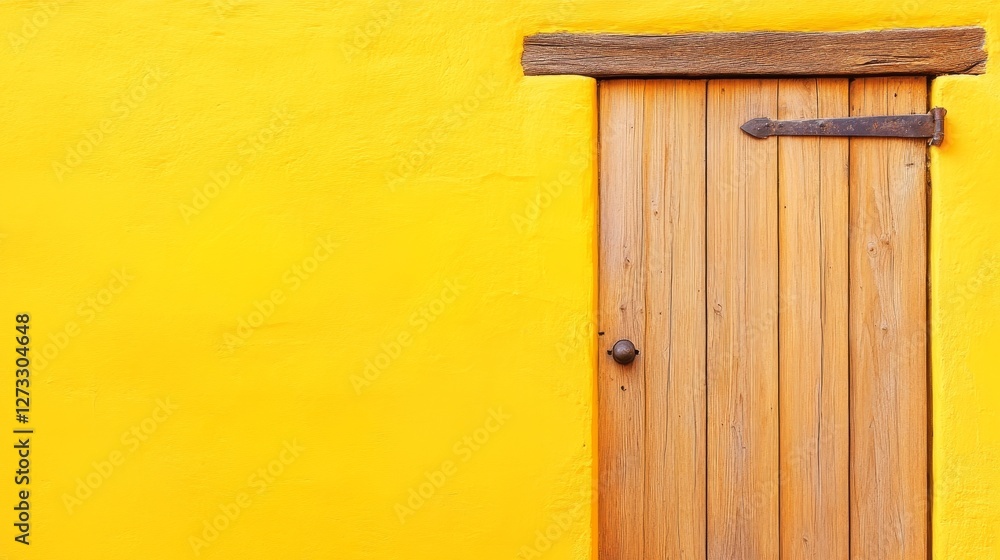 Wooden door on vibrant yellow wall, showcasing a rustic charm in a sunny environment Wooden door on vibrant yellow wall, showcasing a rustic charm in a sunny environment