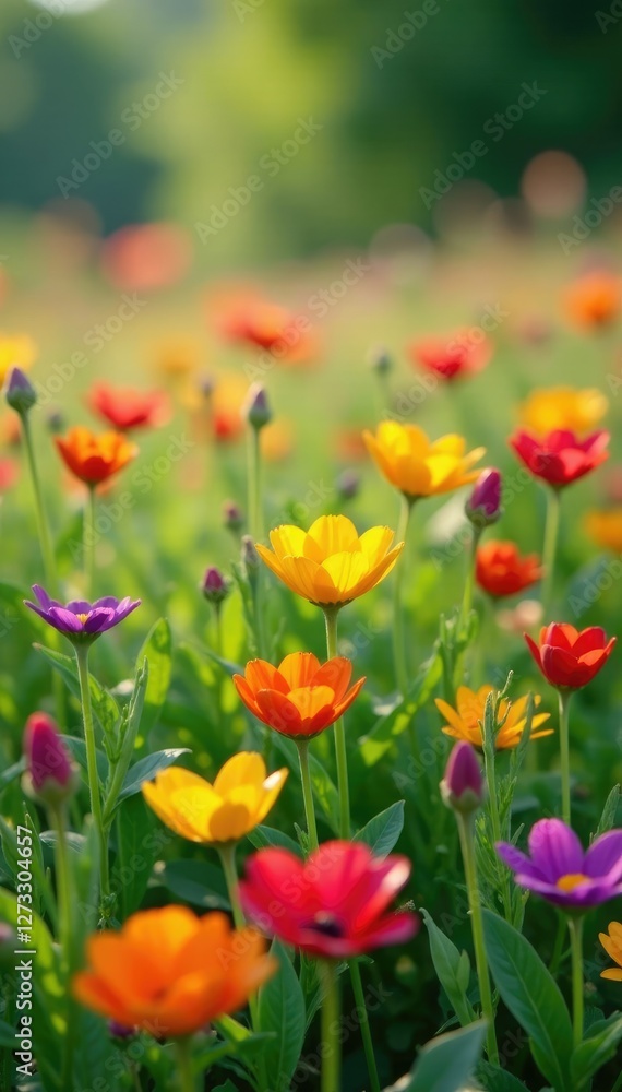 Rainbow-colored flowers in a field of tall grass, blooming, regenbogen Rainbow-colored flowers in a field of tall grass, blooming, regenbogen