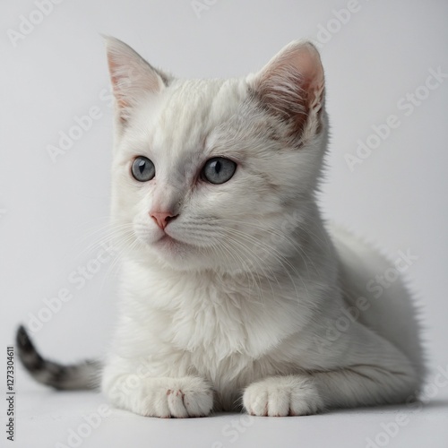 A white kitten with small gray spots, purring softly against a pure white background.