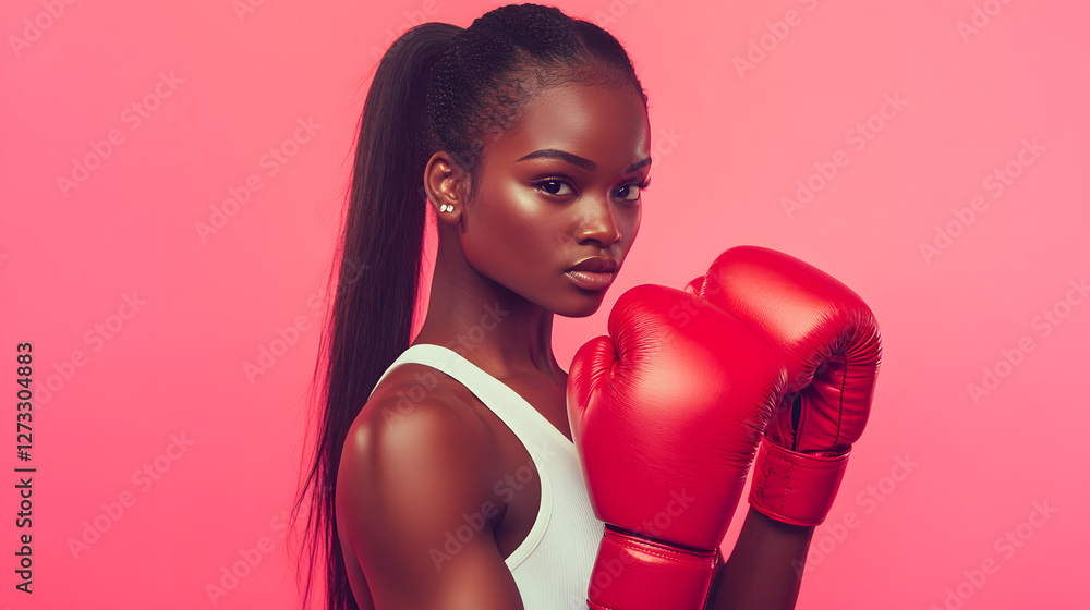 A photo of an African American woman with long black hair, wearing red boxing gloves
A photo of an African American woman with long black hair, wearing red boxing gloves