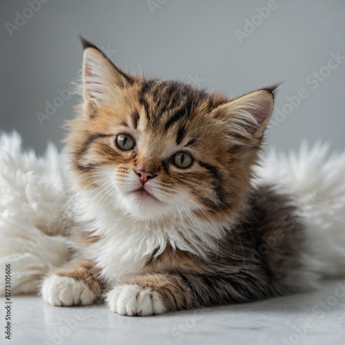 A fluffy kitten slowly blinking, resting its head on a soft white surface.
