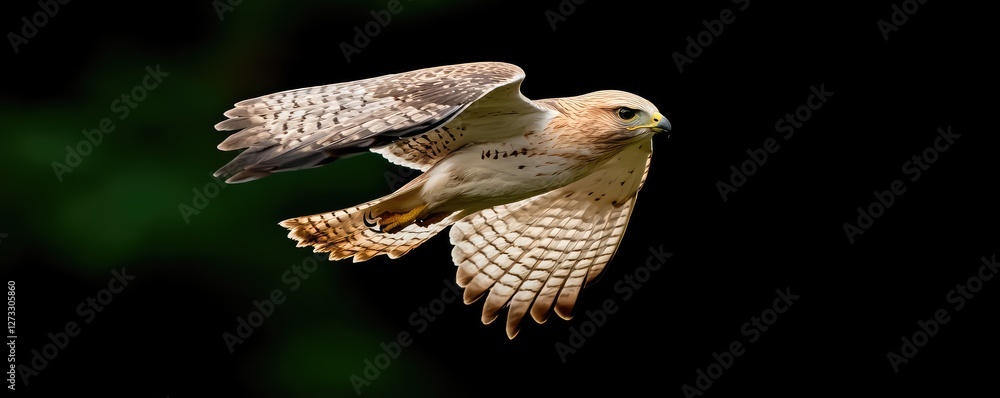 Obraz premium A majestic hawk in mid-flight, showcasing its stunning plumage against a dark background.
