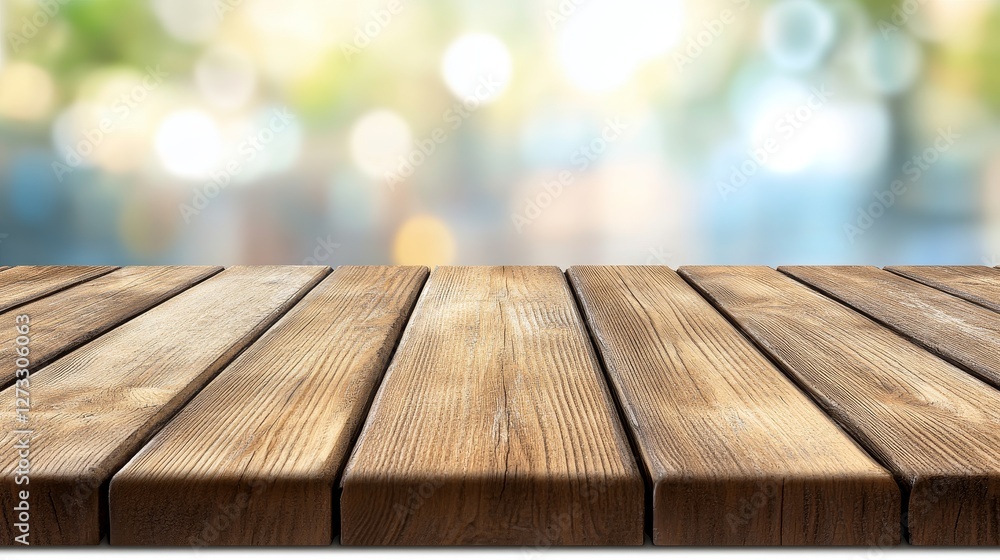 Wooden table surface with blurred background showcasing a vibrant outdoor scene Wooden table surface with blurred background showcasing a vibrant outdoor scene