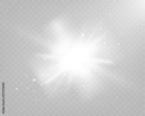 Bright white light explosion with lens flare, rainbow reflections, and sparkles on transparent background.	