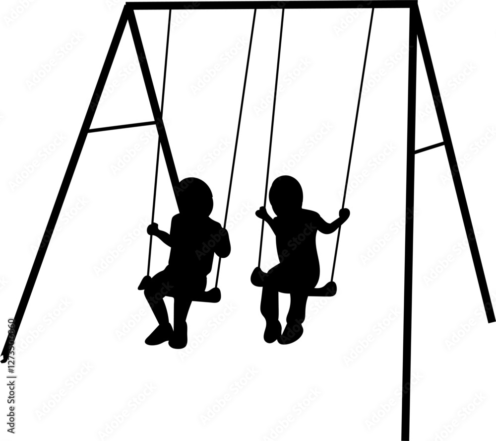 silhouette children riding on a swing on a white background, vector silhouette children riding on a swing on a white background, vector