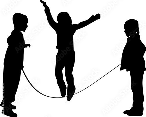 silhouette children jumping rope on white background, vector