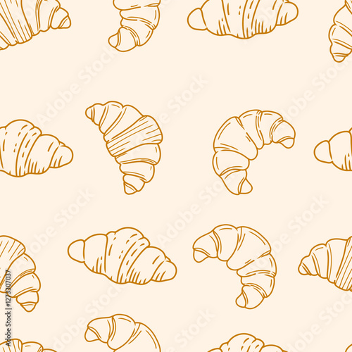Seamless vector pattern hand-drawn croissants. Vintage sketch style.Food pattern. For bakery branding, packaging, textiles, wallpaper, food packaging, cafe decor, menu backgrounds.