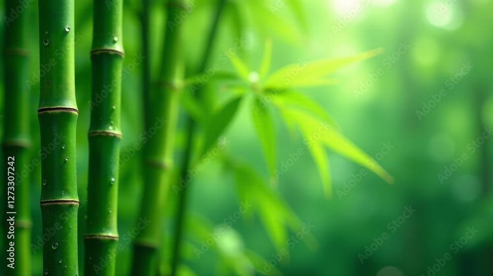 Obraz premium Vibrant Green Bamboo Stalks with Dew Drops, Lush Foliage Background, Tranquil Nature Scene