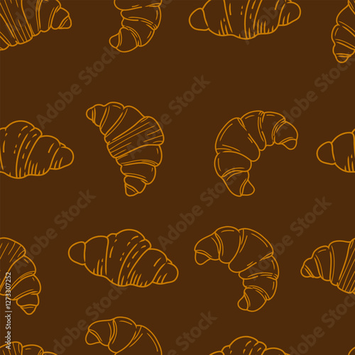 Seamless pattern with croissants. Vintage sketch style. Vector. Food pattern. For bakery branding, packaging, textiles, wallpaper, food packaging, cafe decor, menu backgrounds.