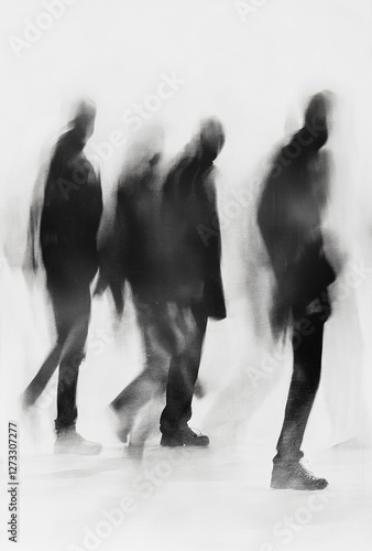 The blurred motion of people walking is shot in black and white. The composition focuses on their blurred shapes against an isolated background, emphasizing modern fashion with sharp lines and strong 