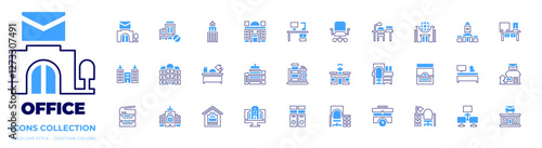 Office icon collection. Bold line style. Duotone colors. desk, office, work from home, network, post office, building, company, work time, photocopier, office chair, news office, ticket office, folder