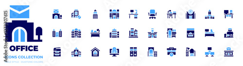 Office icon collection. Bold style. Duotone colors. desk, office, work from home, network, post office, building, company, work time, photocopier, office chair, news office, ticket office, folder